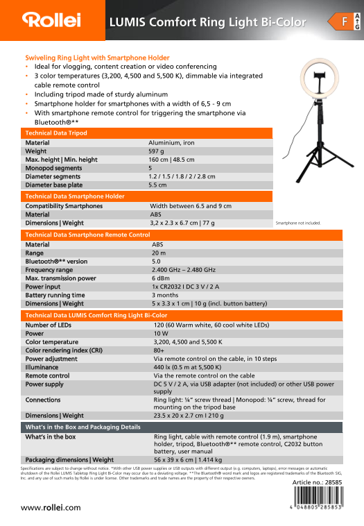 Rollei LUMIS Comfort Bi-Color - LED Ringlight Data Sheet - From Production Number 220184 (EN) - Page 1