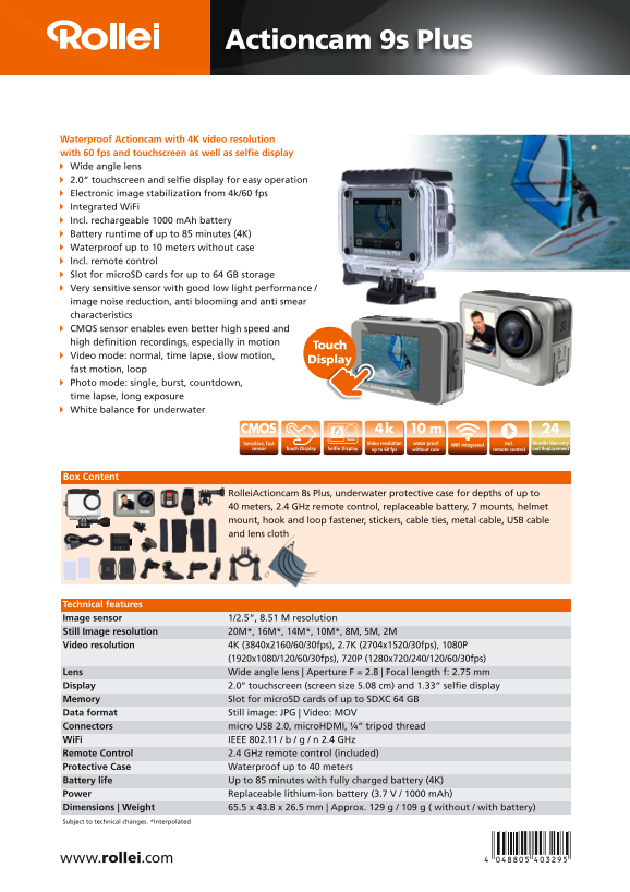 Rollei Actioncam 9s Data Sheet (EN) - Page 1