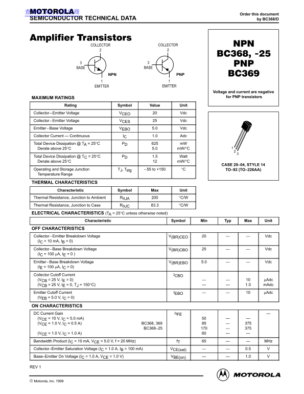 MOTOROLA NPN BC368 Data Sheet -25°C, Motorola PNP BC369 datasheet user manual - Page 1