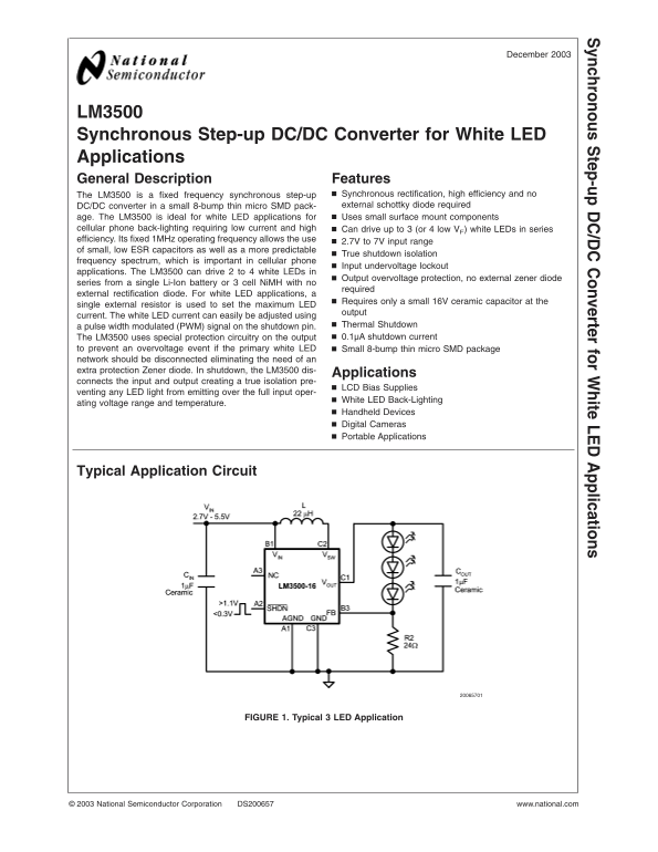 National Semiconductor LM3500 Synchronous Step-up DC DC Converter Data Sheet & User's Manual for White LED Applications - Page 1
