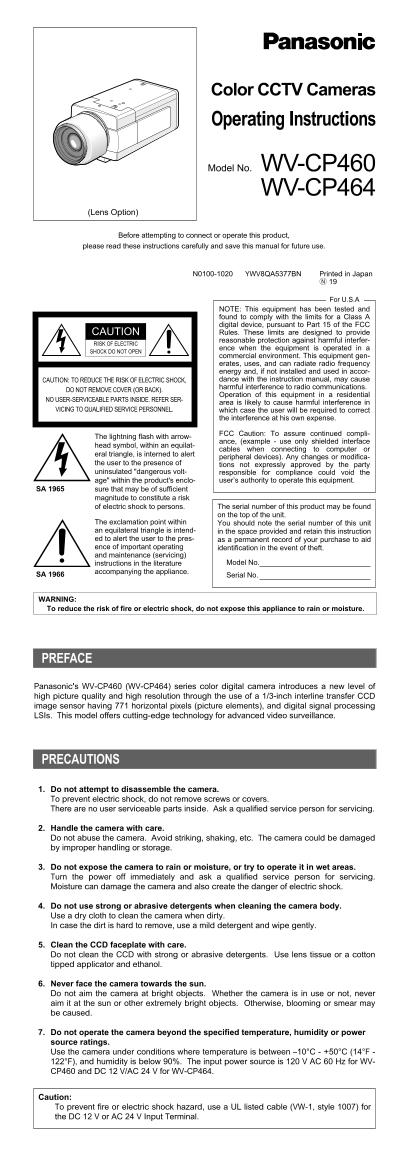 Panasonic WV-CP460, WV-CP464 CCTV Camera User's Manual - Page 1