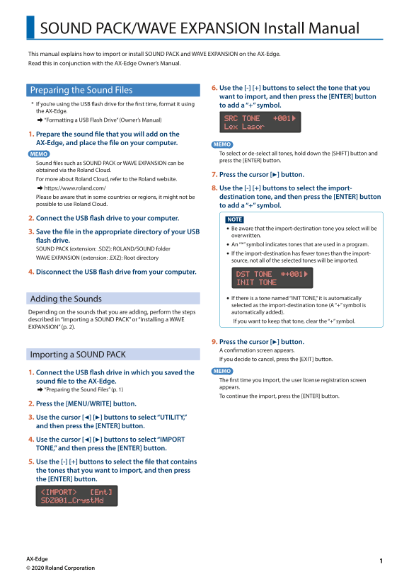 Roland AX-Edge Shoulder Bag Synthesizer User's Guide - Page 1
