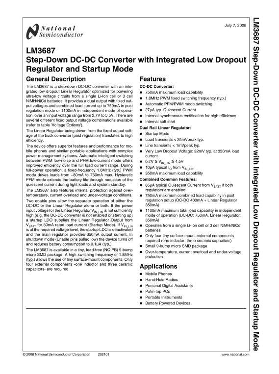 NATIONAL SEMICONDUCTOR LM3687 Step-Down DC-DC Converter with Integrated Low Dropout Regulator and Startup Mode - Page 1