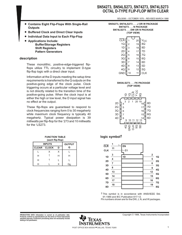 Texas Instruments - SN54273, SN54LS273, SN74273, SN74LS273 Octal D-Type Flip-Flop with Clear Data Sheet Manual - Page 1