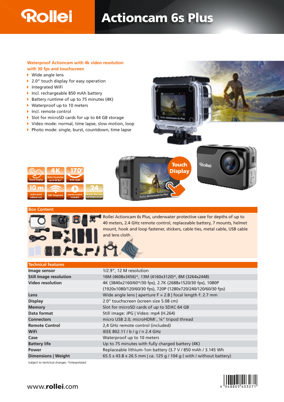 Rollei Actioncam 6s Data Sheet - 6s Plus (EN) - Page 1