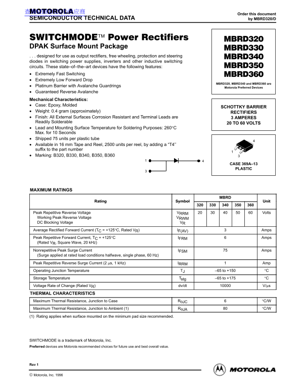 MOTOROLA MBRD320 330 340 350 360 DATA SHEET - Page 1