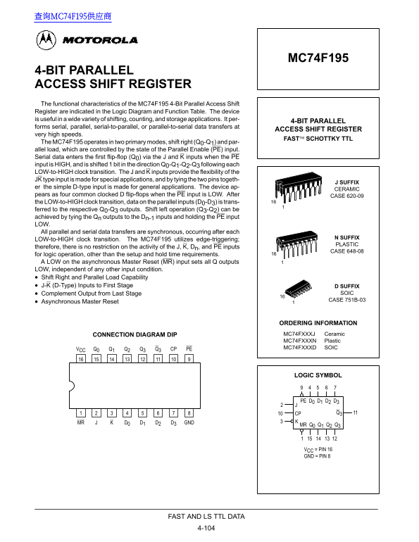 MOTOROLA MC74F195 Data Sheet - Page 1