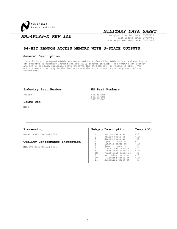 National Semiconductor MN54F189-X REV 1A0 Data Sheet Manual - Page 1