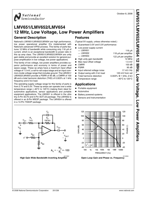 NATIONAL SEMICONDUCTOR - October 8, 2008 LMV651 LMV652 LMV654 12 MHz, Low Voltage, Low Power Amplifiers - Page 1