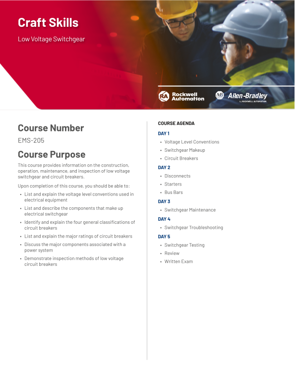Rockwell Automation Craft Skills Low Voltage Switchgear Training Course EMS-205 User Guide and Manual - Page 1
