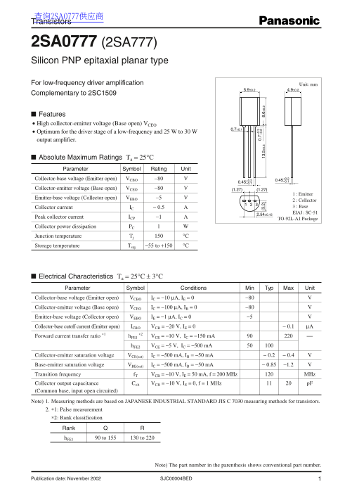 Panasonic 2SA0777 (2SA777) Data Manual - Page 1
