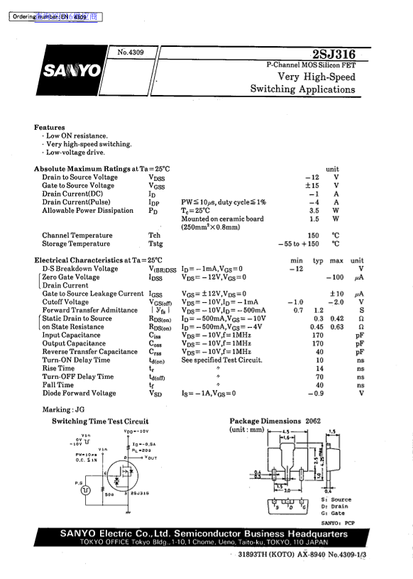 SANYO 2SJ316 Data Sheet - Page 1