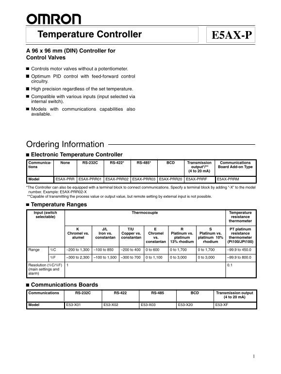 OMRON E5AX-P Data Sheet - Page 1