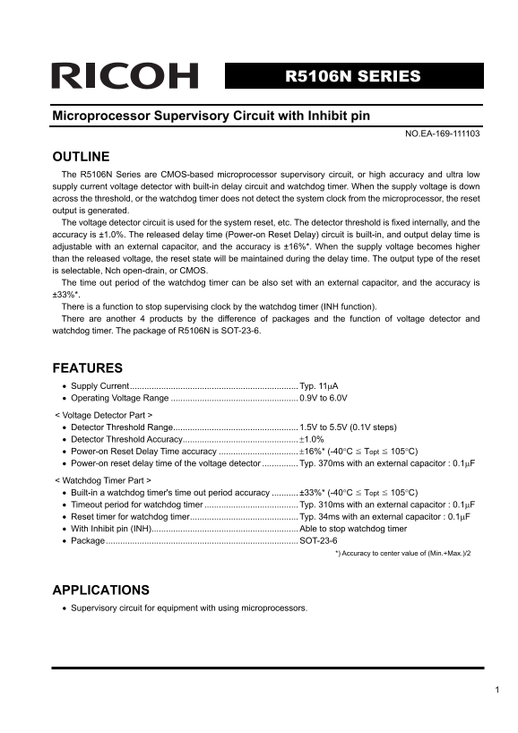 RICOH R5106N SERIES Microprocessor Supervisory Circuit with Inhibit pin Data Manual User Guide - Page 1