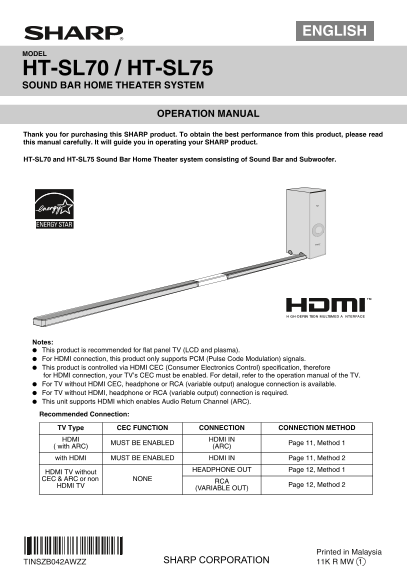 SHARP HT-SL70 HT-SL75 Operation Manual - Page 1
