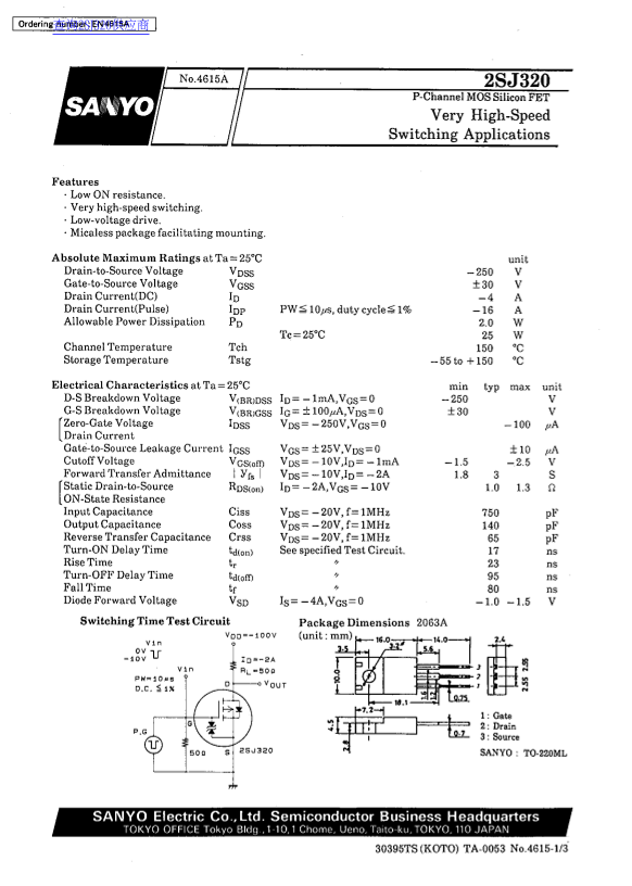 SANYO 2SJ320 Data Sheet - Page 1