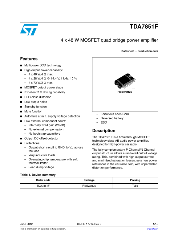 ST TDA7851F 4x48W MOSFET quad bridge power amplifier Data Sheet User Manual - Page 1
