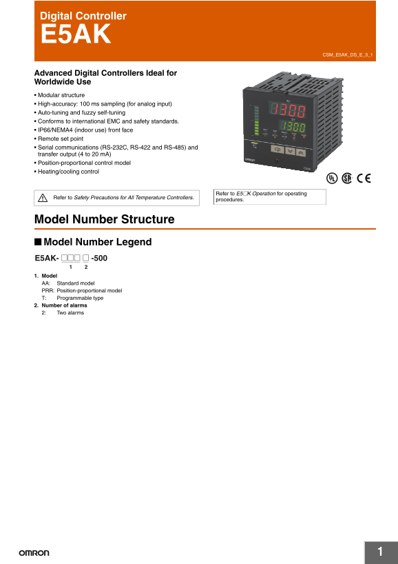 OMRON Timer Counter Digital Controller E5AK E5AK Data Sheet - Page 1