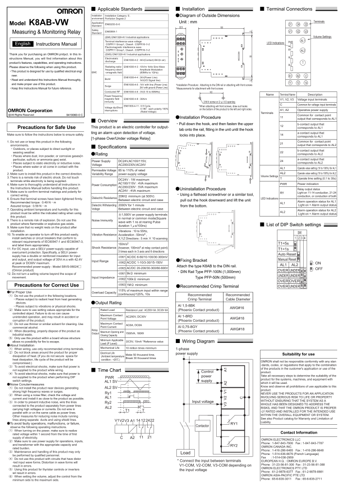 OMRON Power Other Measuring & Monitoring Relay K8AB Series K8AB-VW Measuring & Monitoring Relay Former Model Instruction Manual - Page 1