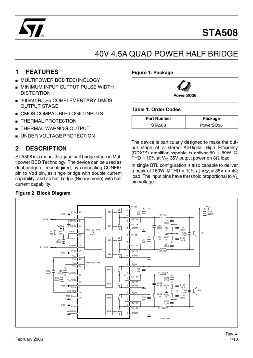 ST STA508 40V 4.5A Quad Power Half Bridge Data Manual - Page 1