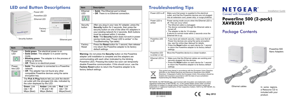 Netgear XAV5201 - Powerline 500 Adapter Installation Guide - Page 1