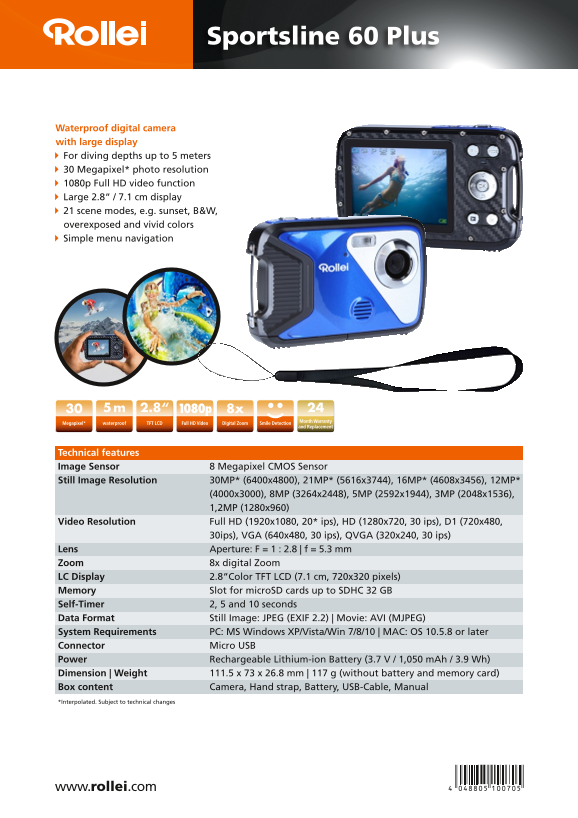 Rollei Camera Sportsline 60 Data Sheet - Plus (EN) - Page 1