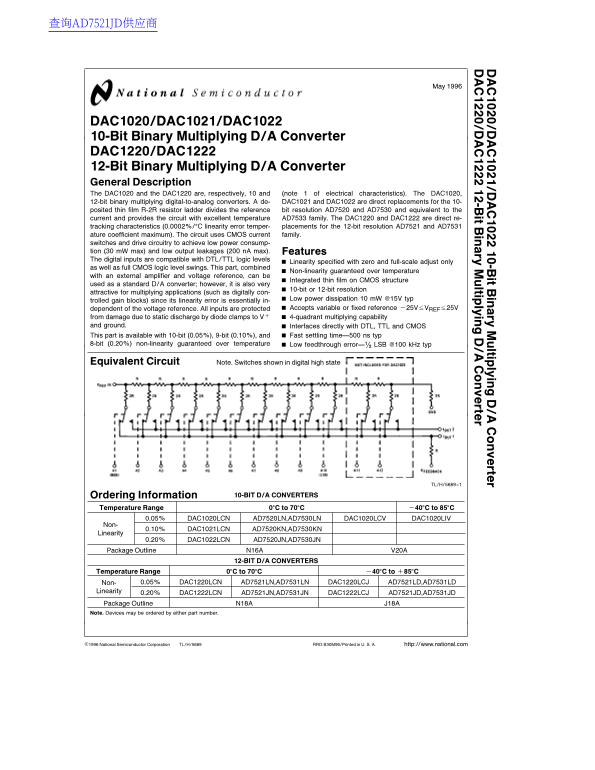 National DAC1020/1021/1022 Data Sheet - Page 1