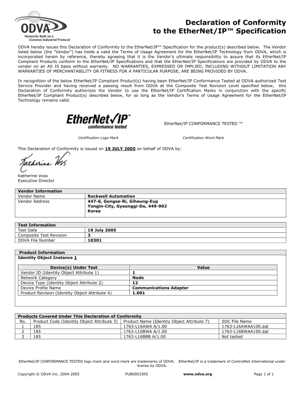 Rockwell Automation 1763-L16AWA A 1.00 - ODVA Certificate - Page 1