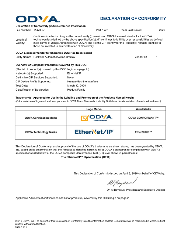 Rockwell Automation 2711P PanelView Plus 7 Performance Family v12 - ODVA Certificate - Page 1