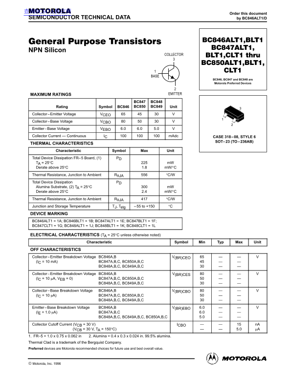 MOTOROLA BC846ALT1 Data Sheet - Page 1