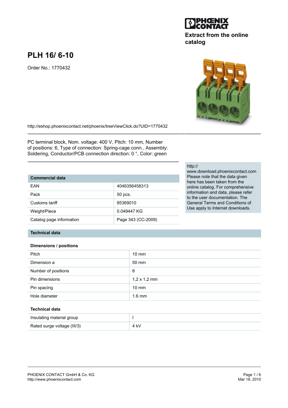 Phoenix Contact PLH 16 6-10 Data Handbook/Specifications Guide - Page 1