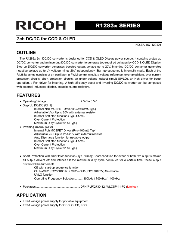 RICOH R1283x SERIES 2ch DC-DC Converter for CCD & OLED Quick User Guide & Data Sheet - Page 1