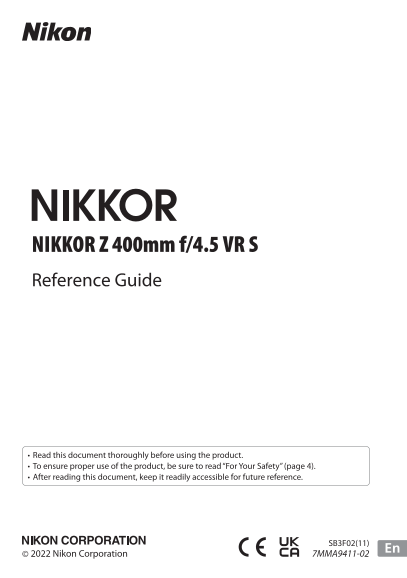 Nikon NIKKOR Z Mount Lenses NIKKOR Z 400mm f4.5 VR S Reference Manual - Page 1