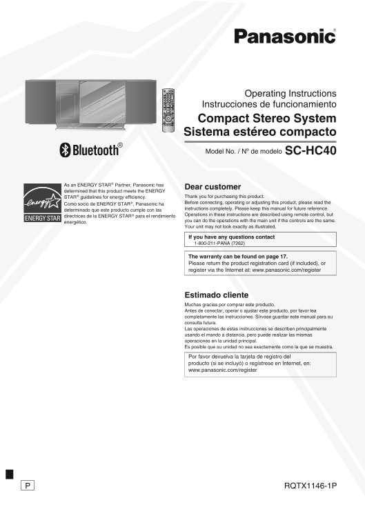 Panasonic SC-HC40 Compact Stereo System Operating Instructions - Page 1