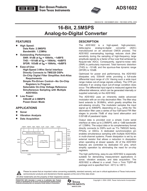 Texas Instruments ADS1602 datasheet user manual - Page 1