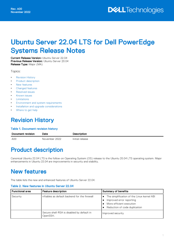 Dell Ubuntu Server 22.04 LTS for Dell PowerEdge Systems Release Notes - Page 1