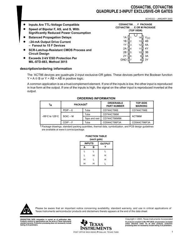 Texas Instruments CD54ACT86, CD74ACT86 QUADRUPLE 2-INPUT EXCLUSIVE-OR GATES Data Sheet Manual - Page 1