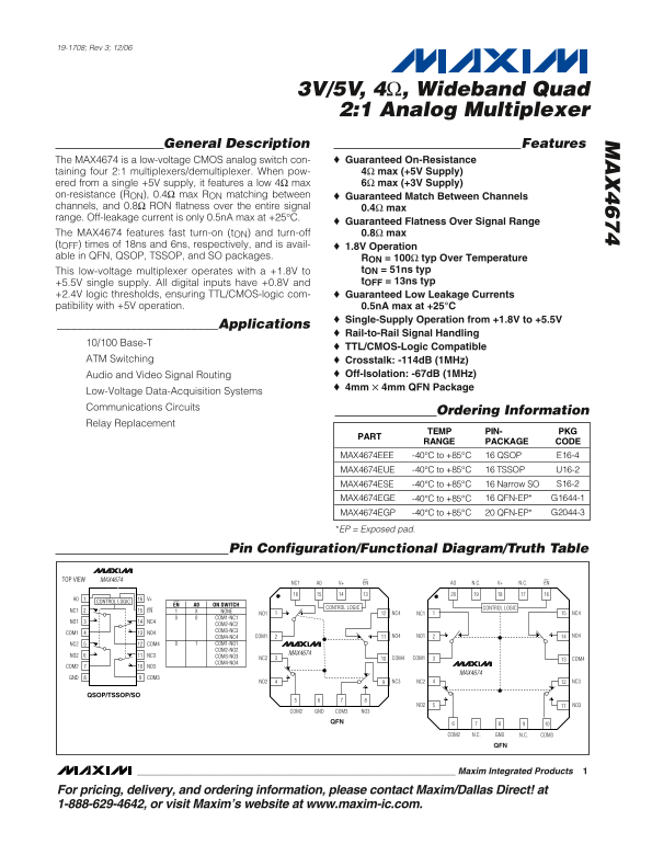 MAXIM MAX4674 Wideband Quad 2 1 Analog Multiplexer Datasheet - Page 1