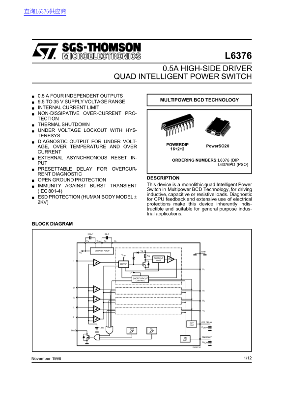 ST L6376 0.5A HIGH-SIDE DRIVER QUAD INTELLIGENT POWER SWITCH - Page 1