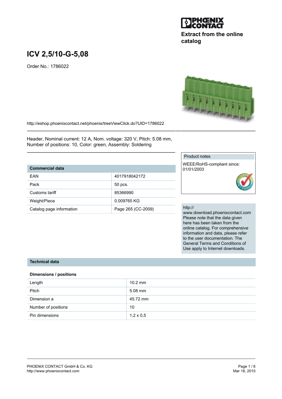 Phoenix Contact - ICV 2.5 10-G-5.08 Data Sheet / Manual - Page 1