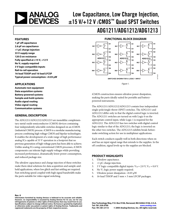 ADG1211 Low Capacitance, Low Charge Injection, ±15 V +12 V iCMOS™ Quad SPST Switch - Page 1
