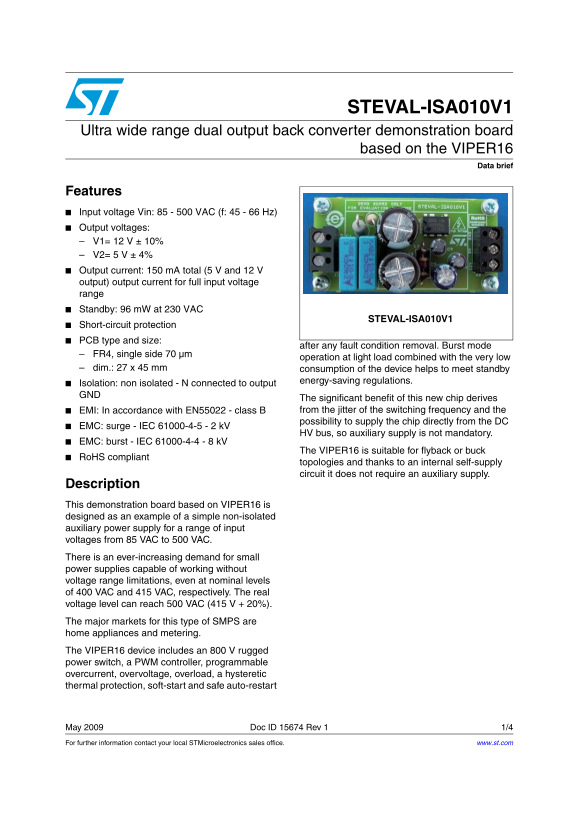 ST ST STEVAL-ISA010V1 Ultra wide range dual output back converter demonstration board based on the VIPER16 Data Manual - User Guide - Page 1