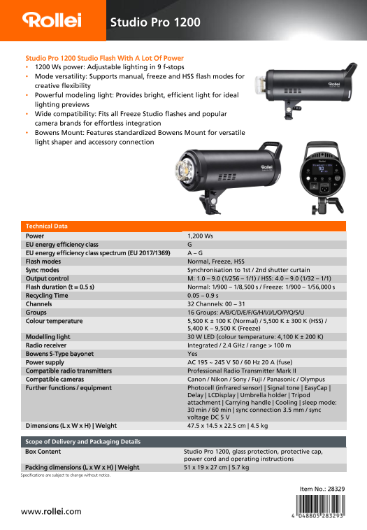 Rollei Studio 400, 600, 800 & 1200 Pro - Studio Flashes Data Sheet - Studio Pro 1200 (EN) - Page 1