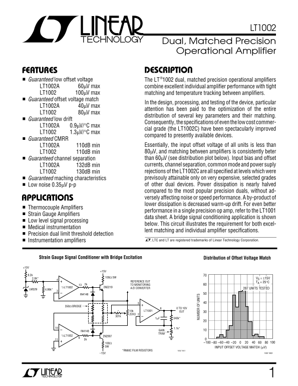 LINEAR LT1002 Dual, Matched Precision Operational Amplifier Data Sheet - Page 1