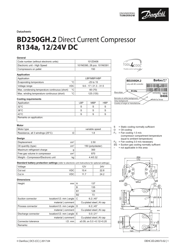 Danfoss BD250GH.2 Direct Current Compressor R134a, 12 24V DC Datasheet - Page 1