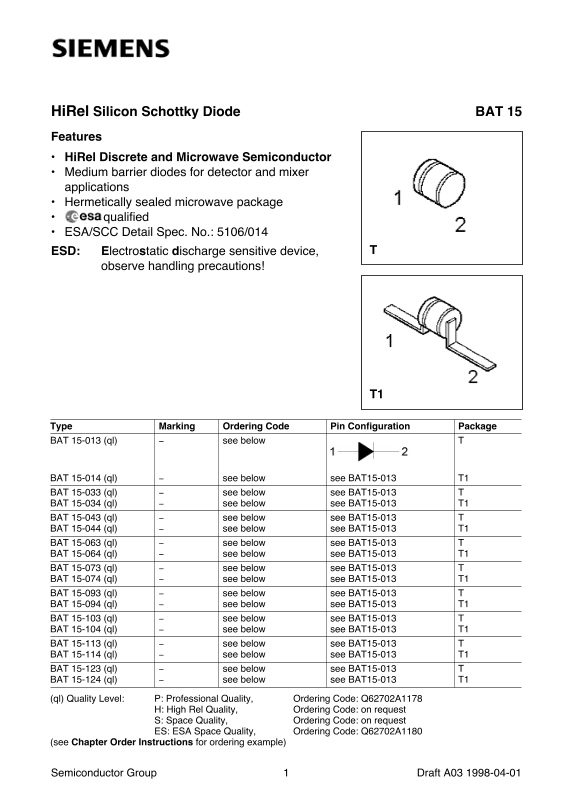 SIEMENS BAT15 Data Sheet - Page 1