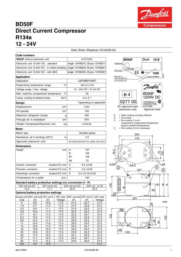 Danfoss BD50F Direct Current Compressor 12-24V DC Datasheet - Page 1