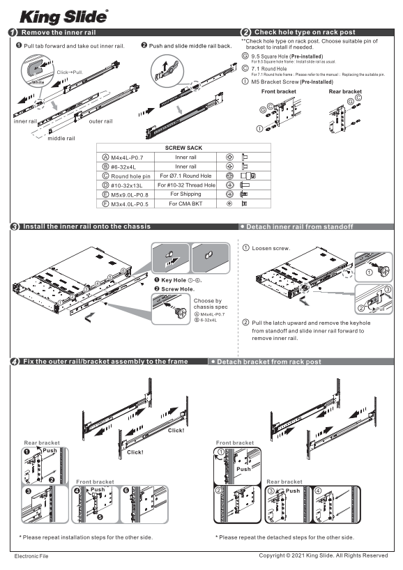 ASUS Server Workstation Universal Server RS720A-E11-RS12E 1.5U Height Full Extension Ball Bearing Type Rail Kit Instruction - Page 1