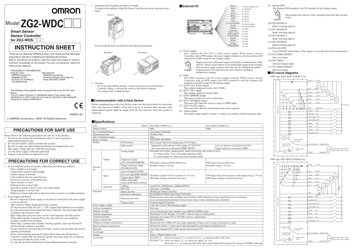 OMRON Smart Sensor (2D Shape Measurement Sensor ZG2 Series) ZG2-WDC Smart Sensor Controller for ZG2-WDS Instruction Sheet - Page 1
