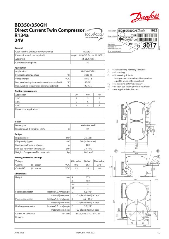 Danfoss BD350 350GH Direct Current Twin Compressor R134a 24V DC Datasheet - Page 1